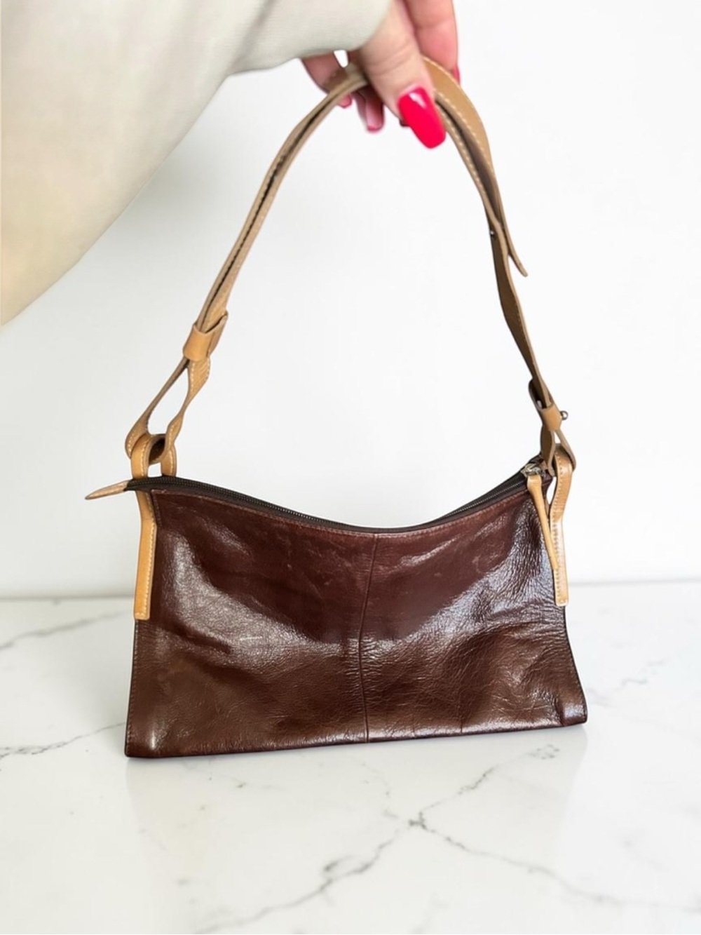 Brown Genuine Leather Shoulder Bag with Tan Strap Accents Vintage